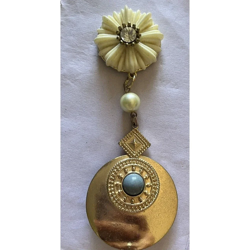 Flower Floral Dangle Drop Brooch Pin Gold Tone Faux Pearl Rhinestone 4.5